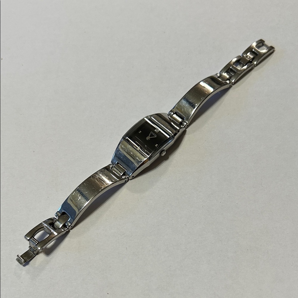 Vintage Guess Silver Watch with Black Square Face and Diamond like studs